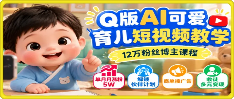 Q版AI可爱育儿短视频教学,12万粉丝博主课程,单月月涨粉5W,互动粉开伙伴超高粘性高,解锁伙伴计划、商单接广告、收徒多元变现 Q版AI可爱育儿短视频教学,12万粉丝博主课程,单月月涨粉5W,互动粉开伙伴超高粘性高,解锁伙伴计划、商单接广告、收徒多元变现