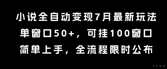 小说全自动变现7月玩法，单窗口50+，可挂100窗口，简单上手，全流程限时公布