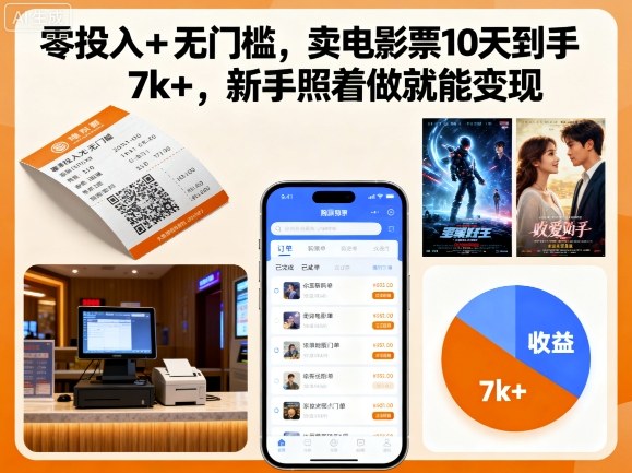零投入+无门槛，卖电影票10天到手7k+，新手照着做就能变现