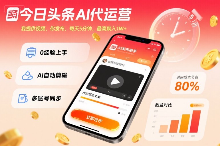 今日头条AI代运营，我提供视频，你发布，每天5分钟，最高躺入1W+