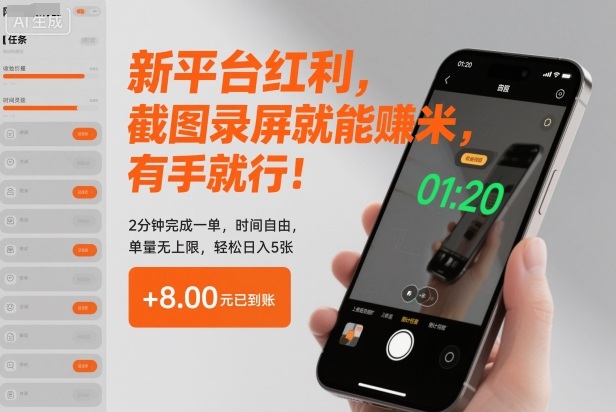 新平台红利，截图录屏就能賺米，有手就行！2分钟完成一单，时间自由，单量无上限，轻松日入5张