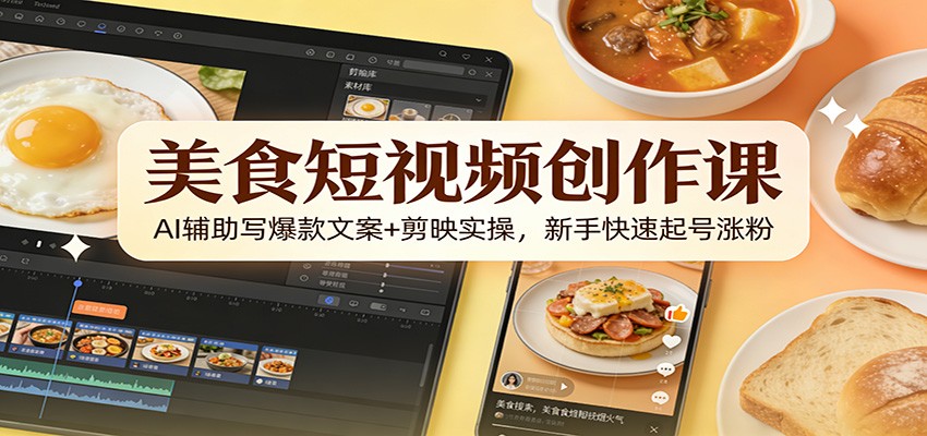 美食短视频创作课：AI辅助写爆款文案+剪映实操，新手快速起号涨粉