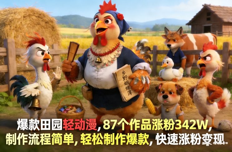 爆款田园轻动漫，87个作品涨粉342W，制作流程简单，轻松制作爆款，快速涨粉变现