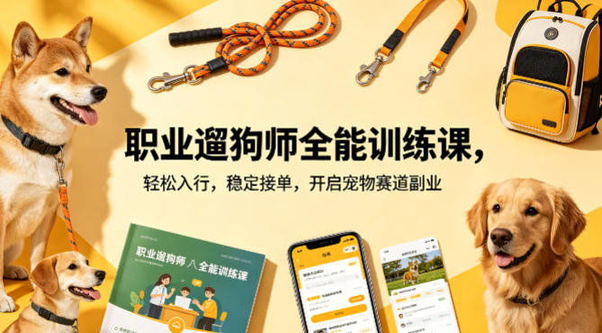 职业遛狗师全能训练课,轻松入行,稳定接单,开启宠物赛道副业