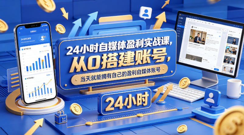 24小时自媒体盈利实战课,从0搭建账号,当天就能拥有自己的盈利自媒体账号