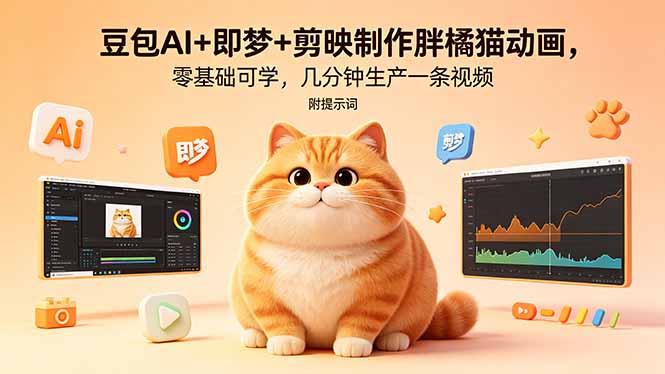 豆包AI+即梦+剪映制作胖橘猫动画，零基础可学，几分钟生产一条视频，附提示词