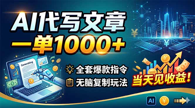 AI代写文章，一单1000+，全套爆款指令+无脑复制玩法，当天见收益！