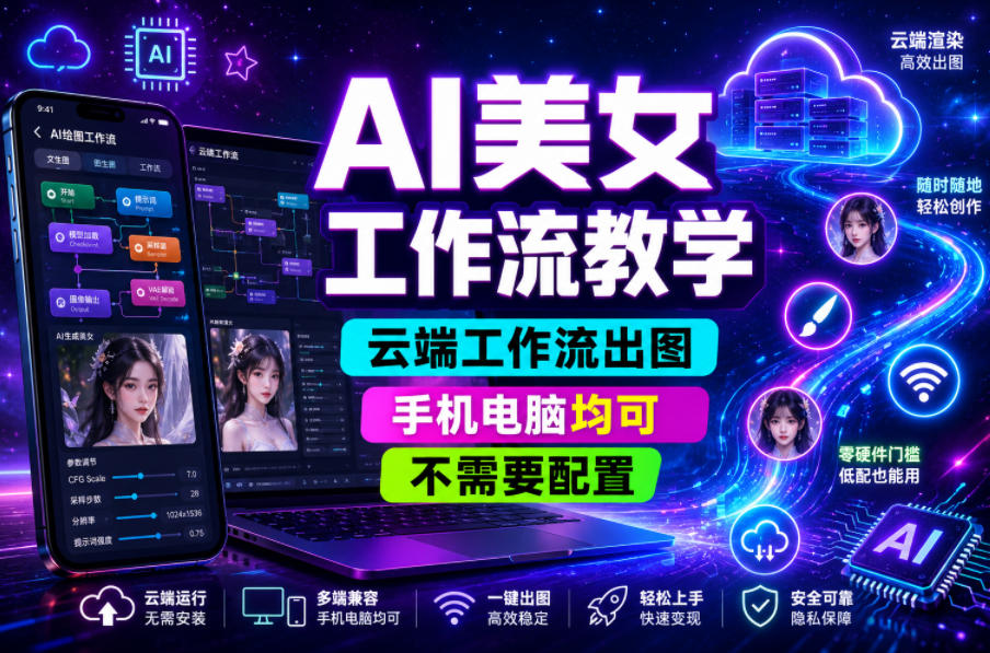 AI美女工作流教学,云端工作流出图,手机电脑均可,不需要配置,快速起号涨粉