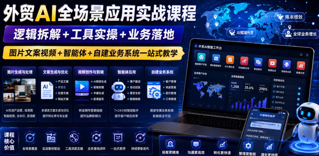 外贸AI全场景应用实战课程|逻辑拆解+工具实操+业务落地,图片文案视频+智能体+自建业务系统一站式教学