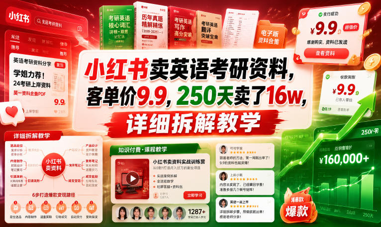 小红书卖英语考研资料,客单价9.9,250天卖了16w,详细拆解教学