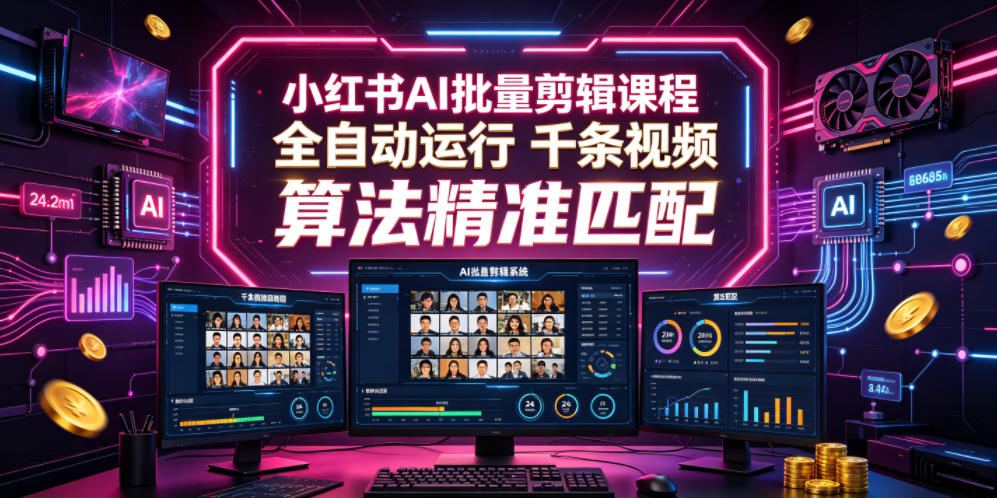 小红书AI批量剪辑课程,24小时全自动运行,解放双手专注运营,千条视频批量处理,小红书算法精准匹配