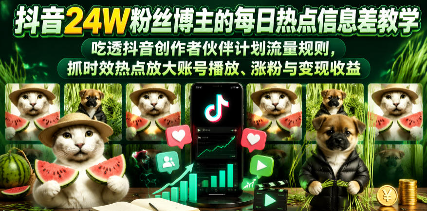 抖音24W粉丝博主的每日热点信息差教学,吃透创作者伙伴计划流量规则,抓时效热点放大账号播放、涨粉与变现收益