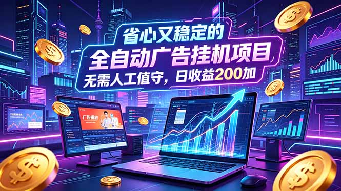 全自动广告挂机项目，全程无需人工值守。稳定创收每日收益200+