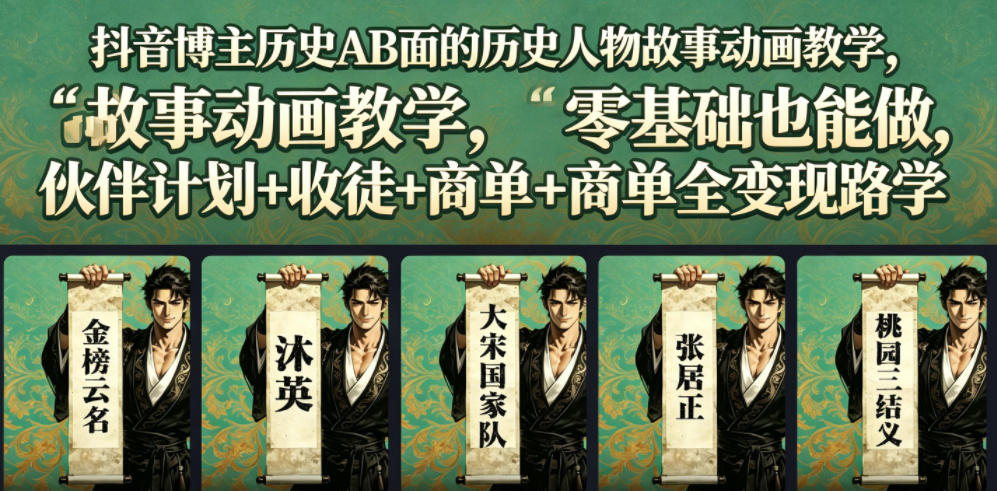 抖音博主历史AB面的历史人物故事动画教学,零基础也能做,伙伴计划+收徒+商单全变现路径教学