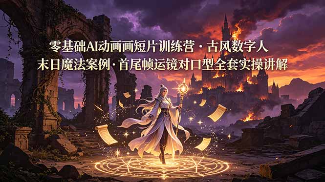 零基础AI动画短片训练营，古风数字人末日魔法案例，首尾帧运镜对口型全套实操讲解