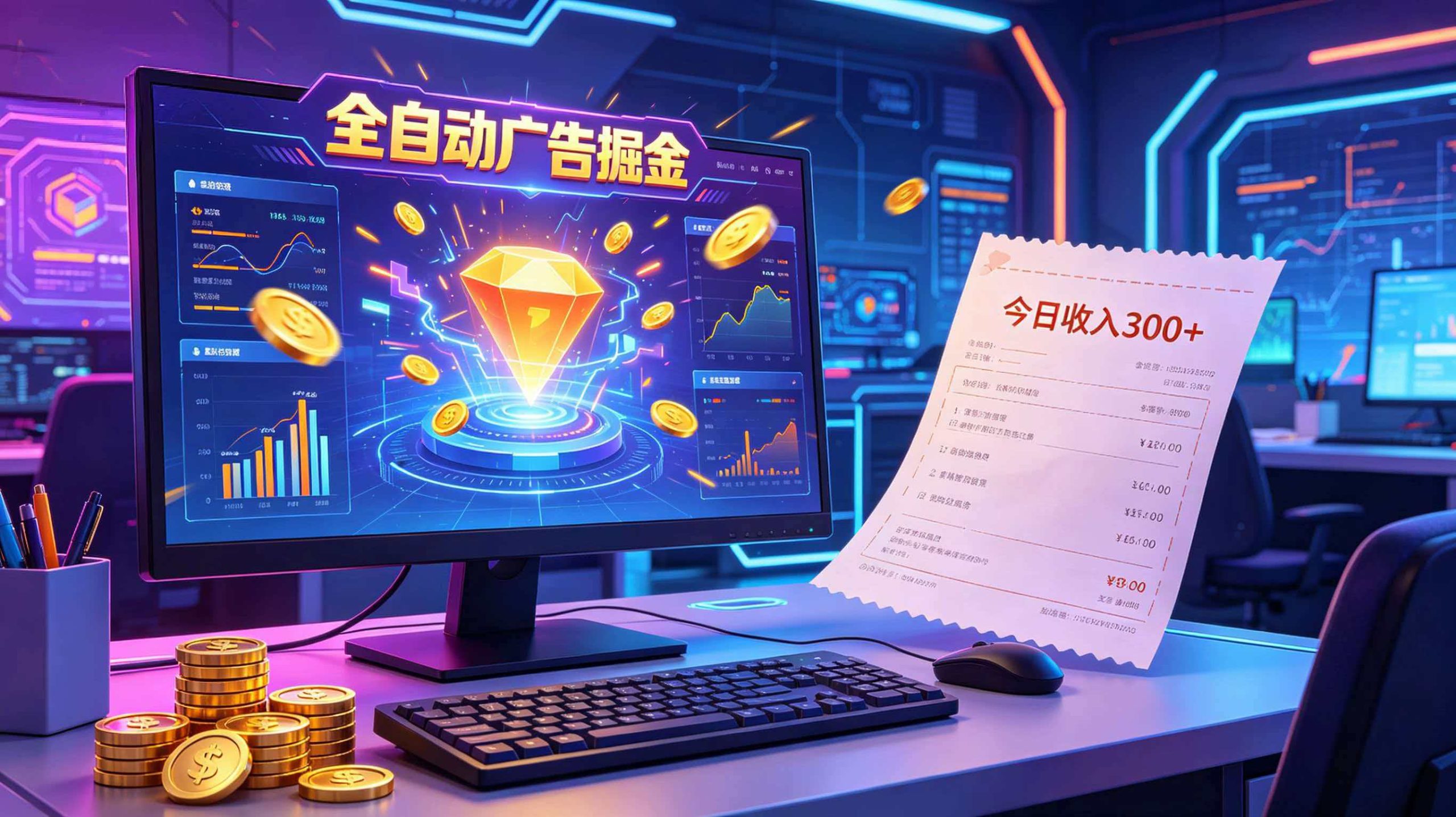 全自动广告掘金，日入300+。全程Ai自动化运行，解放双手，时间自由。收益稳定