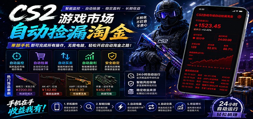 CSGO挂机捡漏项目通过利用游戏饰品交易机制，结合薄凉软件辅助捡漏，实现盈利