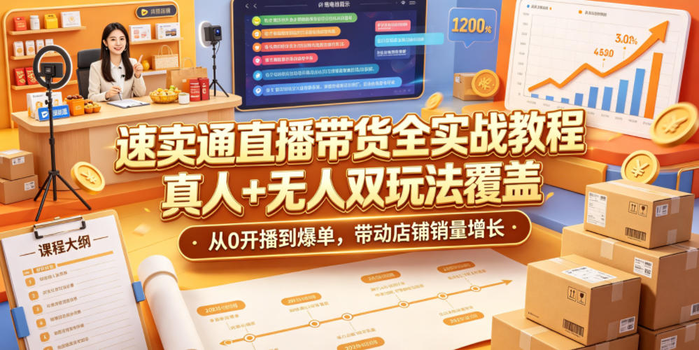 速卖通直播带货全实战教程,真人+无人双玩法覆盖,从0开播到爆单,带动店铺销量增长
