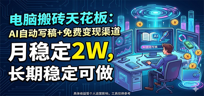 电脑搬砖天花板：AI自动写稿+免费变现渠道，月稳定2W，长期稳定可做