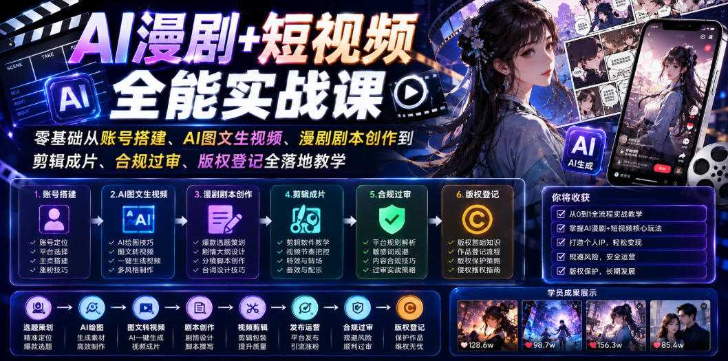 AI漫剧+短视频全能实战课｜零基础从账号搭建、AI图文生视频、漫剧剧本创作到剪辑成片、合规过审、版权登记全落地教学