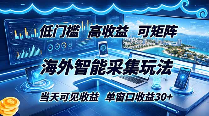 海外智能采集玩法，低门槛高单价可矩阵，当天可见收益，单窗口30+