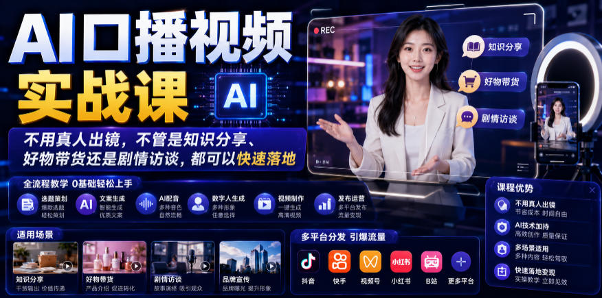 AI口播视频实战课，不用真人出镜，不管是知识分享、好物带货还是剧情访谈，都可以快速落地