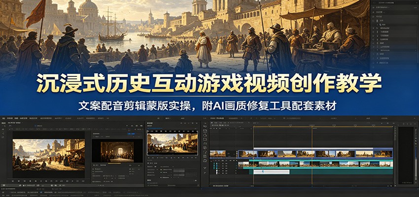 沉浸式历史互动游戏视频创作教学：文案配音剪辑蒙版实操，附AI画质修复工具配套素材