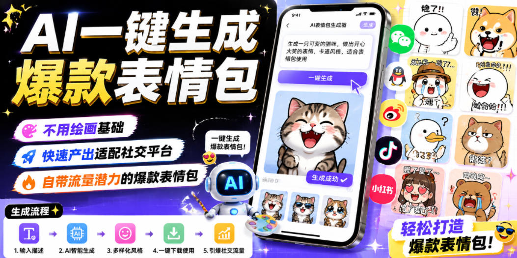 AI一键生成爆款表情包，不用绘画基础，快速产出适配社交平台，自带流量潜力的爆款表情包
