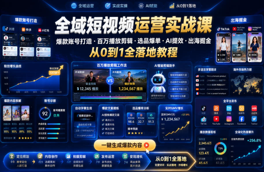 全域短视频运营实战课,爆款账号打造・百万播放剪辑・选品爆单・AI提效・出海掘金,从0到1全落地教程