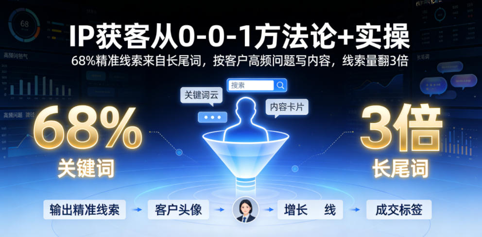 IP获客从0-1方法论+实操,68%精准线索来自长尾词,按客户高频问题写内容,线索量翻3倍