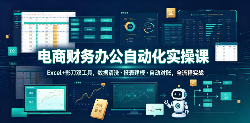 电商财务办公自动化实操课，Excel+影刀双工具，数据清洗・报表建模・自动对账，全流程实战