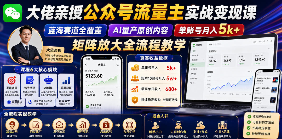 大佬亲授公众号流量主实战变现课,蓝海赛道全覆盖,AI量产原创内容,单账号月入5k+矩阵放大全流程教学