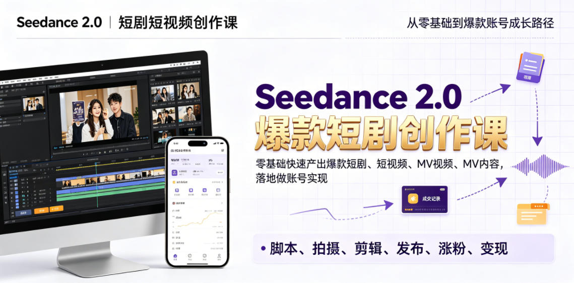 Seedance 2.0短剧短视频创作课,零基础快速产出爆款短剧、短视频、MV内容,落地做账号实现变现