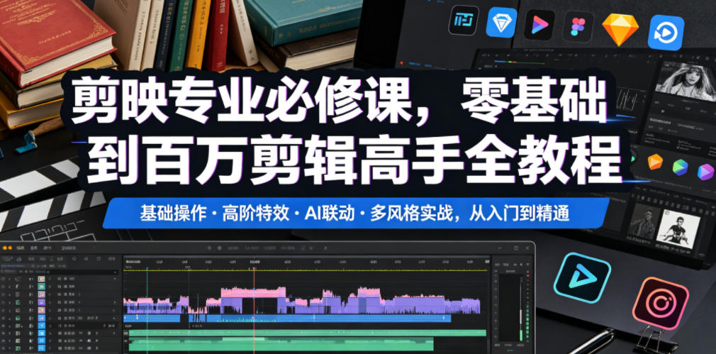 剪映专业必修课,零基础到百万剪辑高手全教程,基础操作・高阶特效・AI联动・多风格实战,从入门到精通
