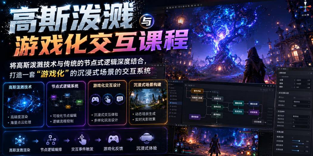 高斯泼溅与游戏化交互课程，将高斯泼溅技术与传统的节点式逻辑深度结合，打造一套“游戏化”的沉浸式场景的交互系统