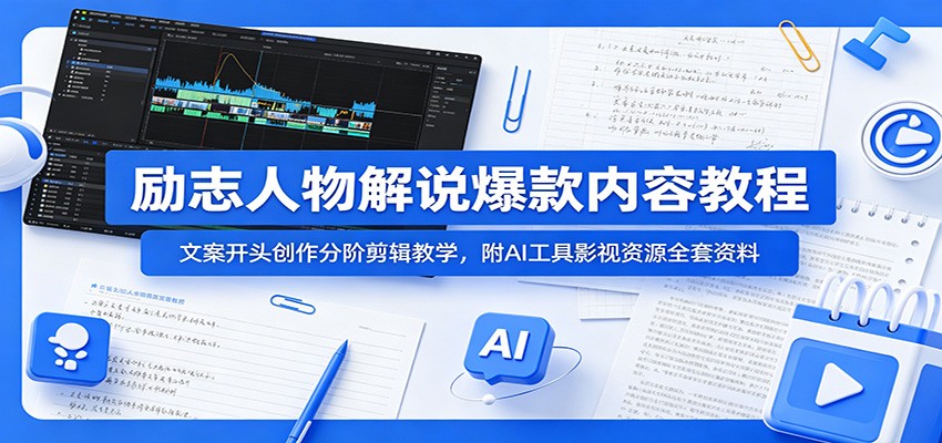 励志人物解说爆款内容教程：文案开头创作分阶剪辑教学，附AI 工具影视资源全套资料