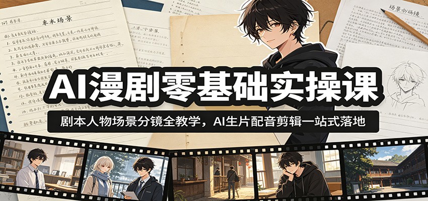 AI漫剧零基础实操课：剧本人物场景分镜全教学，AI生片配音剪辑一站式落地