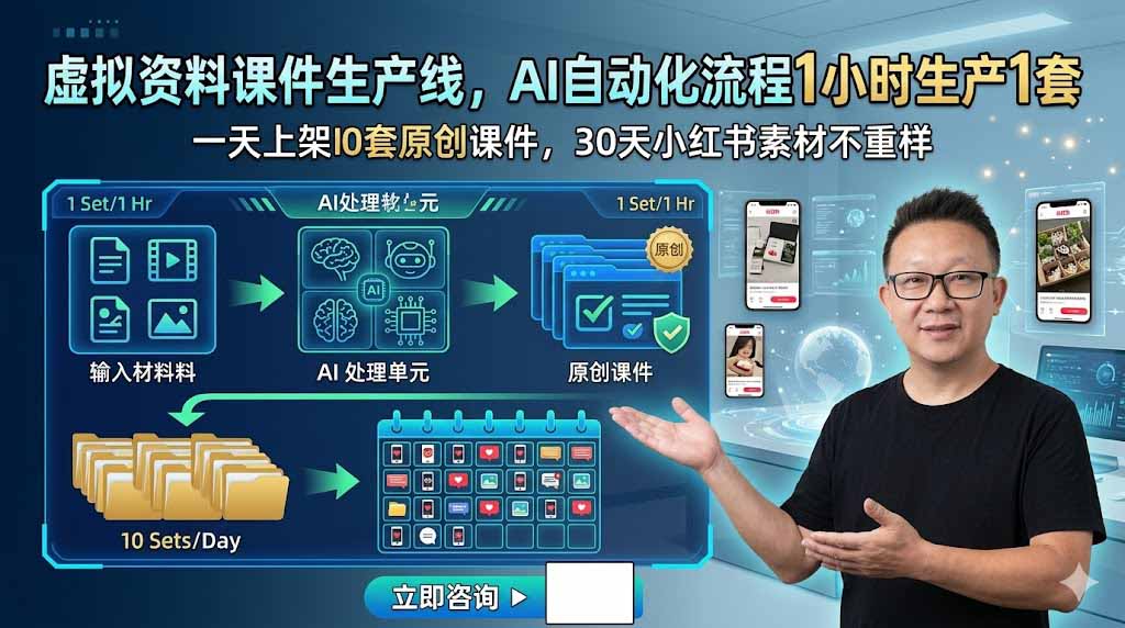 虚拟资料课件生产线，AI自动化流程1小时生产1套，一天上架10套原创课件，30天小红书素材不重样