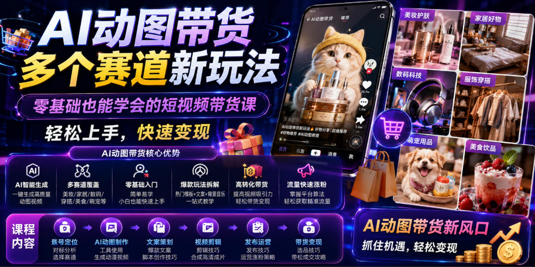 AI动图带货多个赛道新玩法，零基础也能学会的短视频带货课，轻松上手，快速变现