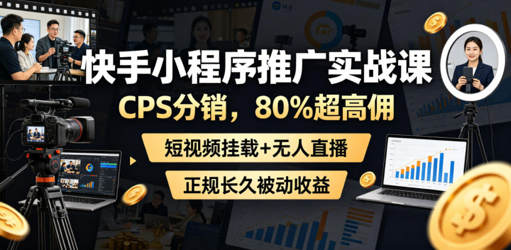快手小程序推广实战课,CPS分销,80%超高佣,短视频挂载+无人直播,正规长久被动收益