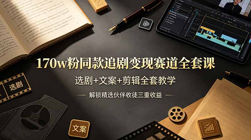 170w粉博主同款追剧变现赛道全套课,选剧+文案+剪辑全套教学,解锁精选伙伴收徒三重收益