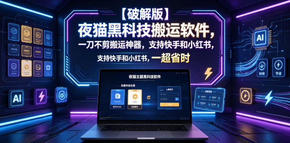 【破解版】夜猫黑科技搬运软件,一刀不剪搬运神器,支持快手和小红书,一键搬运超省时!