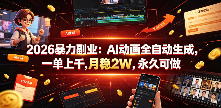 2026暴力副业：AI动画全自动生成，一单上千，月稳2W，永久可做【揭秘】