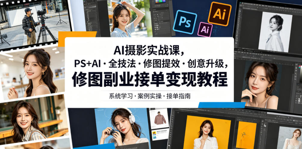 AI摄影实战课,PS+AI・全技法・修图提效・创意升级,修图副业接单变现教程
