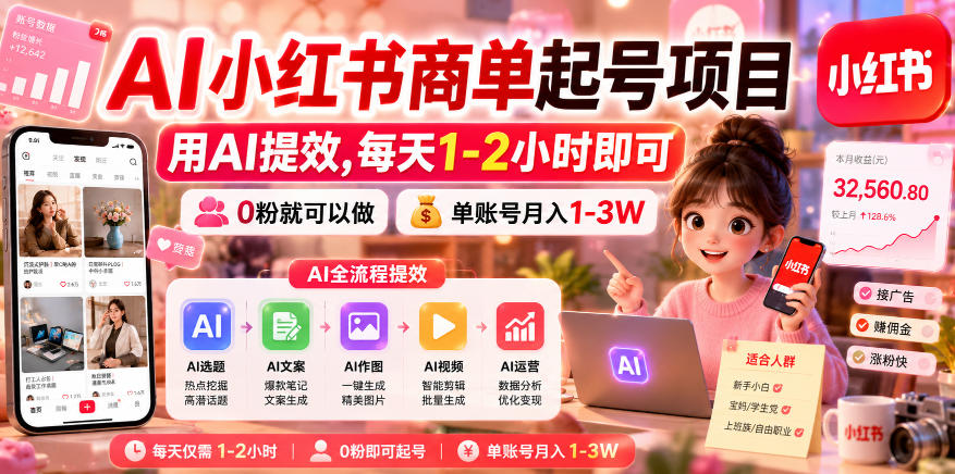 AI小红书商单起号项目,用AI提效,每天1-2小时即可,0粉就可以做,单账号月入1-3W