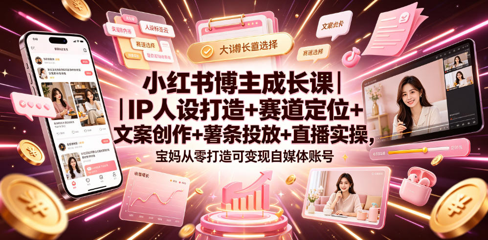 小红书博主成长课｜IP人设打造+赛道定位+文案创作+薯条投放+直播实操，宝妈从零打造可变现自媒体账号