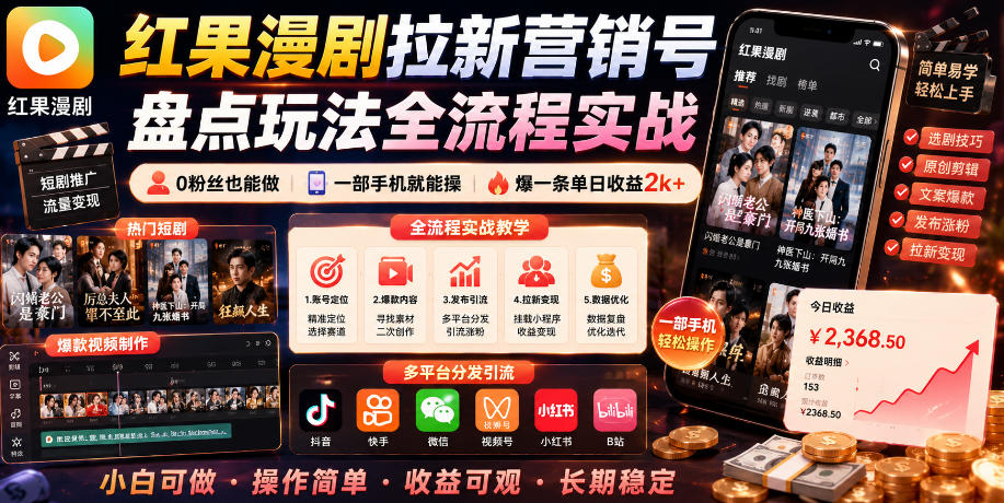 红果漫剧拉新营销号盘点玩法全流程实战，0粉丝也能做，一部手机就能做，爆一条单日收益2k+(更新0628)
