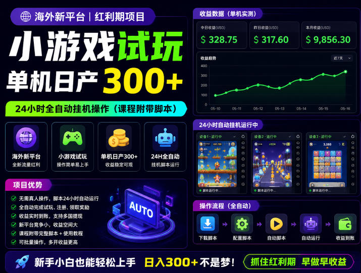 海外新平台，小游戏试玩，单机日产300+，24小时全自动挂G操作(课程附带脚本)【揭秘】