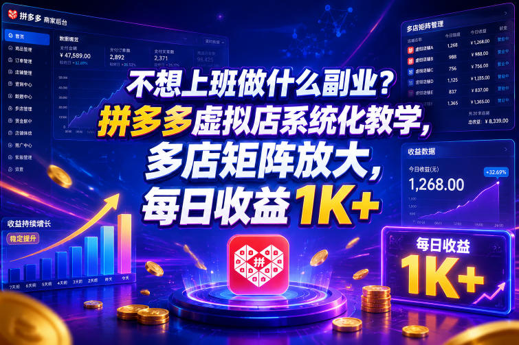 不想上班做什么副业?拼多多虚拟店系统化教学,多店矩阵放大,每日收益1K+【揭秘】