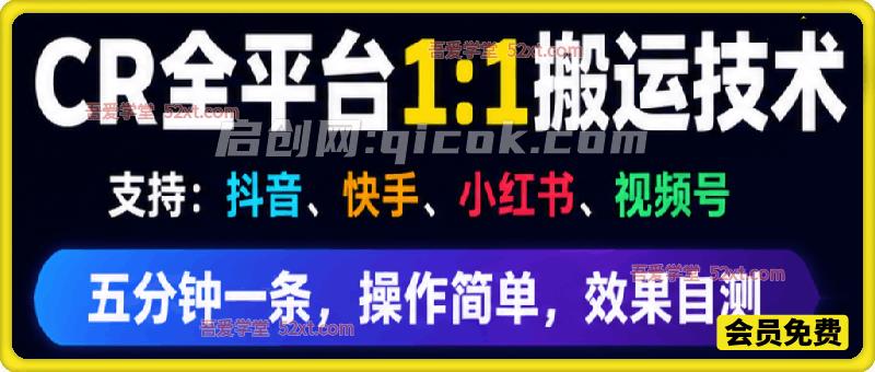 最新CR全平台1比1搬运技术，支持：抖音、快手、小红书、视频号。五分钟分钟一条，操作简单，2026年最新技术，效果自测（教程+软件+参数）